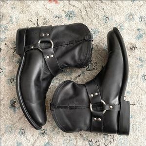FRYE Black Leather Harness Ankle Boots Booties